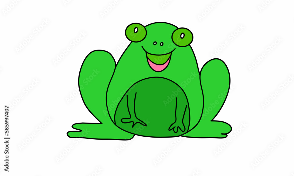 Line art vector illustration. Sitting position frog with big smile in green frog color, isolated on white background Line art vector illustration. Sitting position frog with big smile in green frog color, isolated on white background
