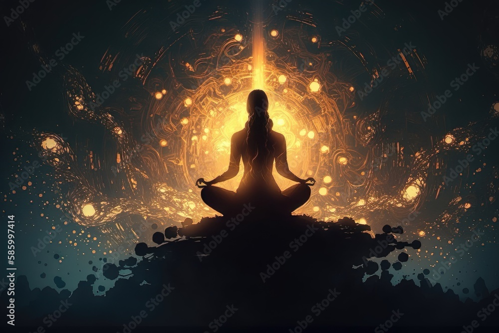 Silhoutte of a Girl or Woman in Lotus Position on an Abstract Positive Energy Background 2. Generative AI