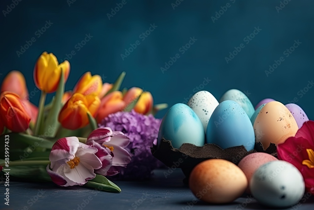 Illustration of eggs and flowers in a rustic setting created with Generative AI technology