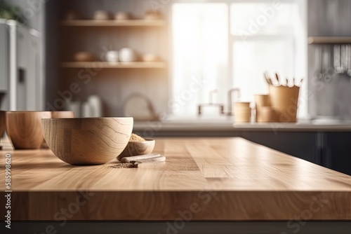 Wallpaper Mural wooden table adorned with bowls and spoons created with Generative AI technology Torontodigital.ca