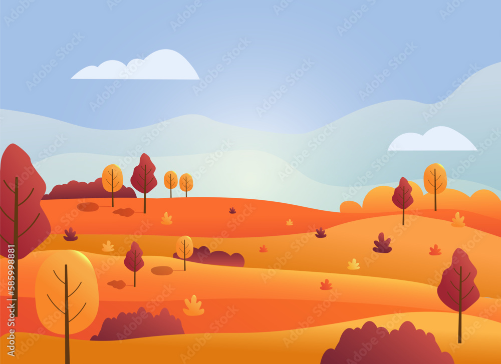 Landscape with autumn forest, hills and fields. Vector drawing in a flat style with gradients. Illustrations for banners, advertisements, web pages and websites, social networks, flyers and