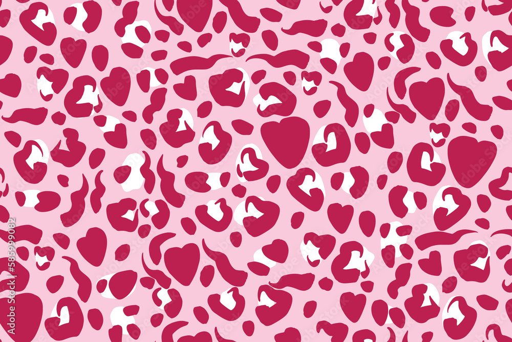 Abstract seamless pattern with heart leopard print. Bright pink and white stains like wild animal fur on light pink background Abstract seamless pattern with heart leopard print. Bright pink and white stains like wild animal fur on light pink background
