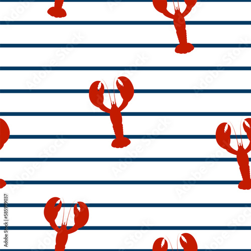 Marine seamless pattern with crayfish. Vector illustration. Bright red lobster on striped blue and white backdrop