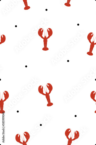 Lobster seamless pattern with black polka dot. Vector illustration. Red crayfish on white background. Print for textile, fabric, design