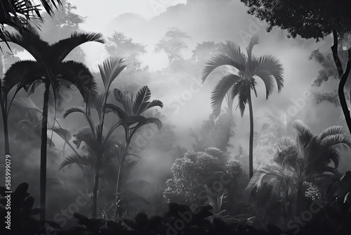 Wallpaper designed tropical forest background with leaves in a foggy environment black and white. Generative AI illustrations.  