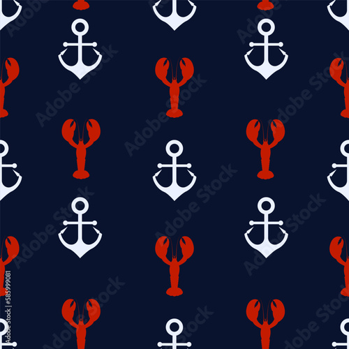 Marine styled seamless pattern. Vector illustration. White anchors and red lobsters silhouettes on dark blue background