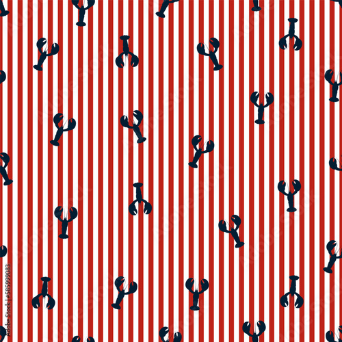 Crawfish seamless pattern. Vector illustration for fabric and textile. Dark blue lobsters silhouette on red and white striped background