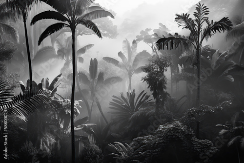 Background designed tropical forest and leaves in a foggy environment black and white. Generative AI illustrations.	
