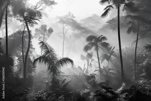 Wallpaper designed tropical forest and leaves in foggy environment black and white. Generative AI illustrations.  