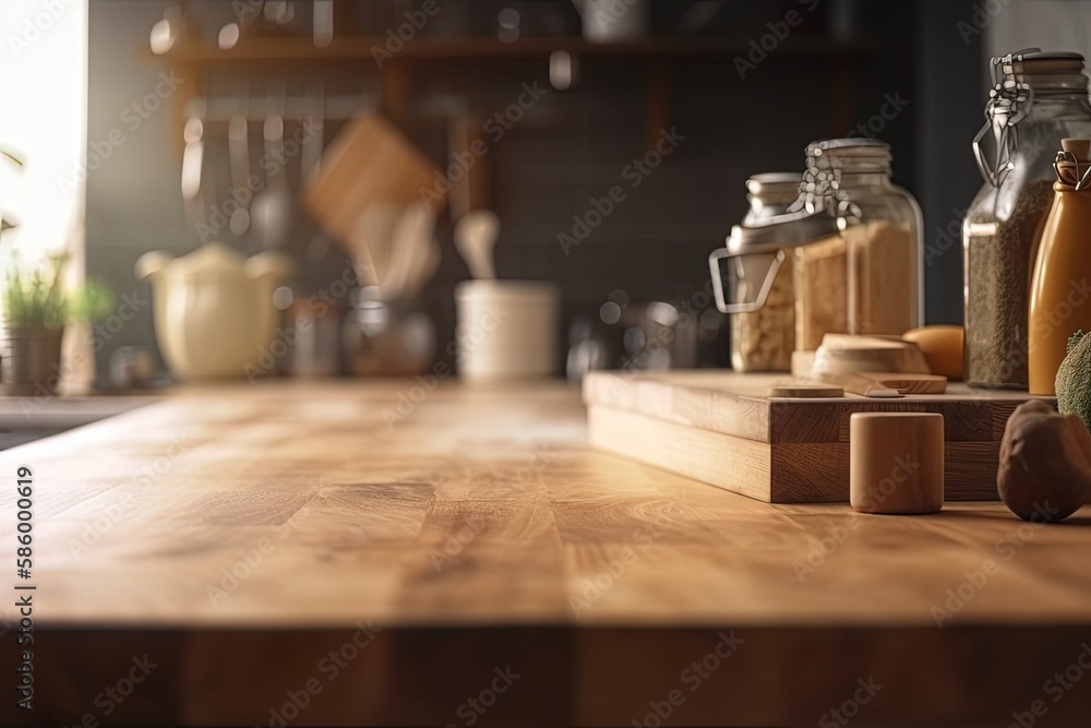 rustic wooden kitchen countertop decorated with various jars of spices created with Generative AI technology