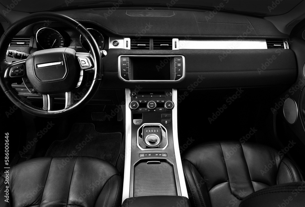 Car interior luxury inside. Modern luxury car Interior - steering wheel ...