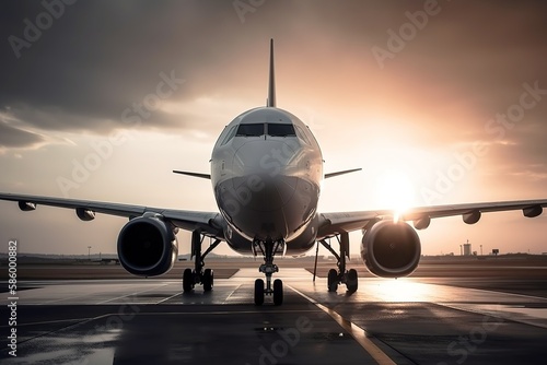 Airplane front view at sunrise. Generative AI