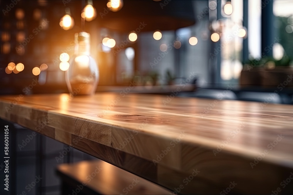 wooden table with bokeh lights in the background created with Generative AI technology