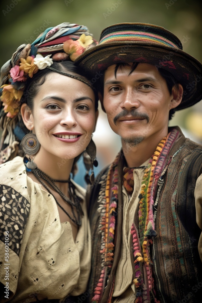 Mexican couple wearing traditional costumes on street for celebration. Generative AI vertical shot Mexican couple wearing traditional costumes on street for celebration. Generative AI vertical shot