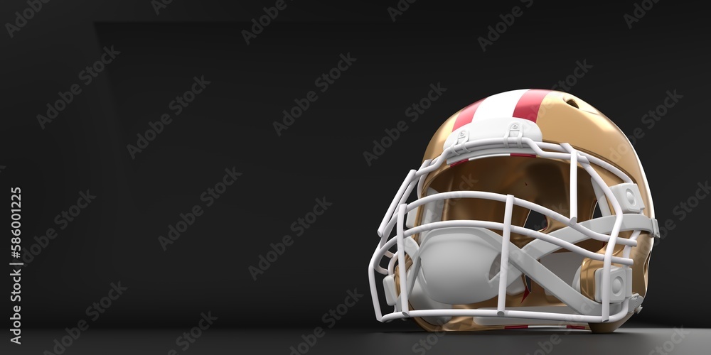 American footbal helmet with San Francisco 49ers team colors. Template for presentation or infographics. 3D render American footbal helmet with San Francisco 49ers team colors. Template for presentation or infographics. 3D render