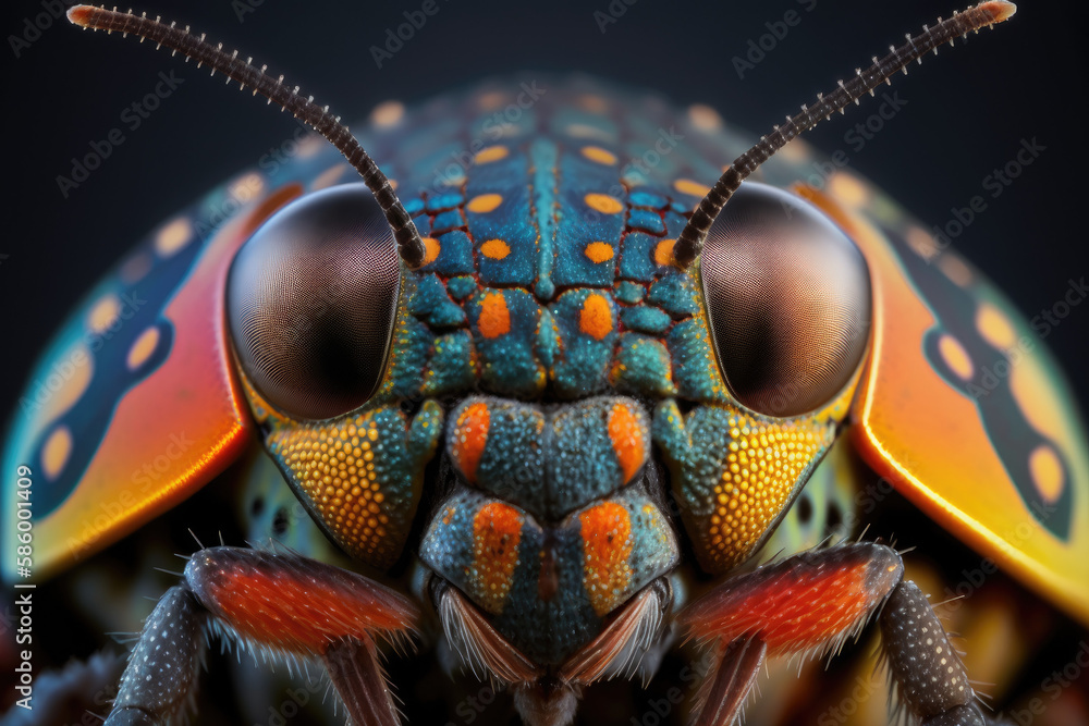 Obraz premium A close up of a bug's face with a multicolored pattern created with Generative AI