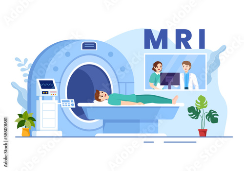MRI or Magnetic Resonance Imaging Illustration with Doctor and Patient on Medical Examination and CT scan in Flat Cartoon Hand Drawn Templates