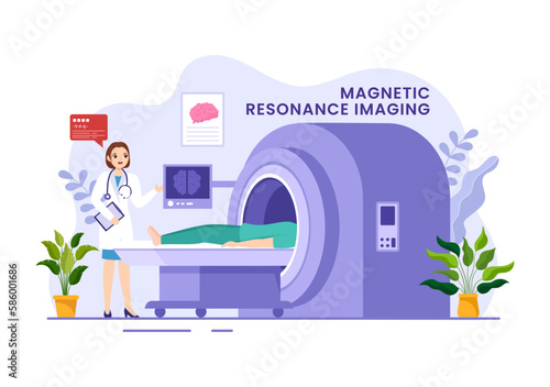 MRI or Magnetic Resonance Imaging Illustration with Doctor and Patient on Medical Examination and CT scan in Flat Cartoon Hand Drawn Templates