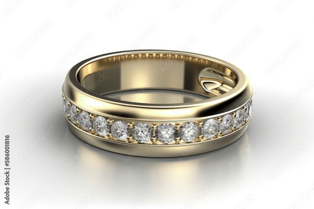 yellow gold wedding ring with a row of sparkling diamonds created with Generative AI technology yellow gold wedding ring with a row of sparkling diamonds created with Generative AI technology