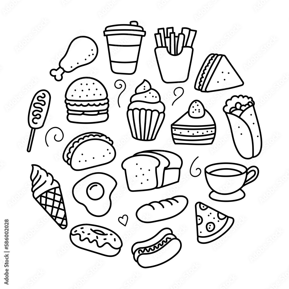 Collection of food doodle illustrations arranged in a circle shape isolated on white background Collection of food doodle illustrations arranged in a circle shape isolated on white background