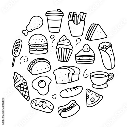 Collection of food doodle illustrations arranged in a circle shape isolated on white background
