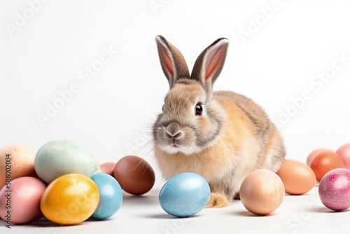 cute rabbit surrounded by colorful Easter eggs on a white background created with Generative AI technology © AkuAku