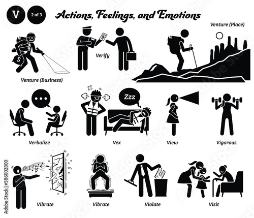 Stick figure human people man action, feelings, and emotions icons alphabet V. Venture, business, place, verify, verbalize, vex, view, vigorous, vibrate, violate, and visit...