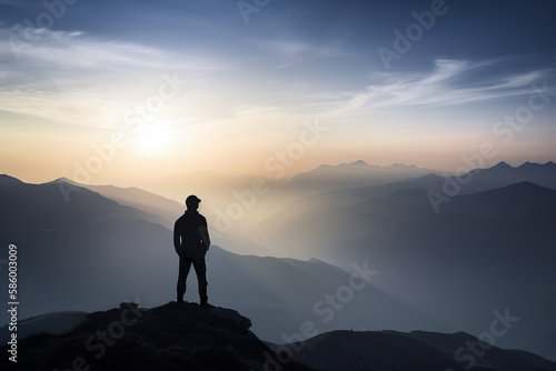 Silhouette of a man standing on top of a mountain and looking at the sunrise, Generative AI