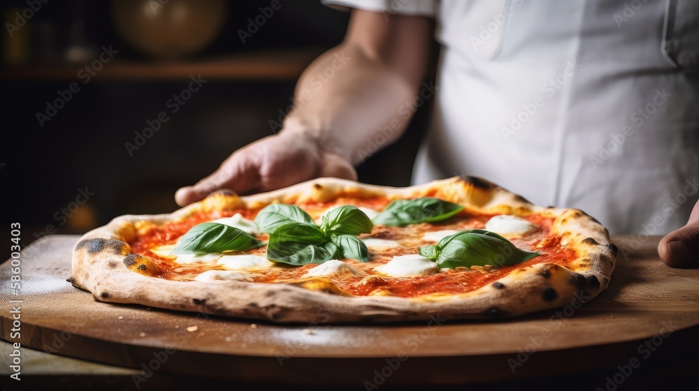 A classic Margherita pizza with a thin and crispy crust topped with basil