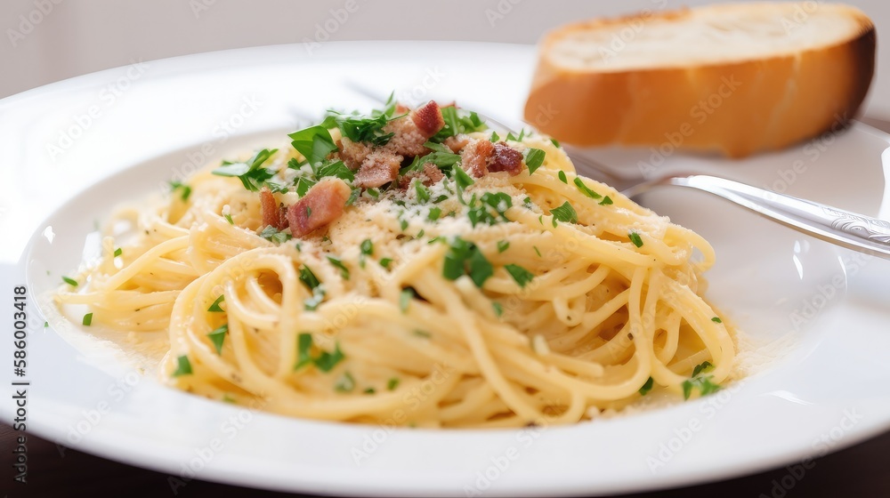A delicious plate of spaghetti carbonara with a creamy sauce