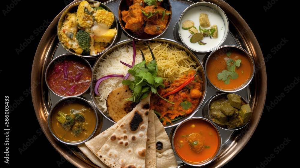 A colorful platter of vegetarian thali with a variety of hummus