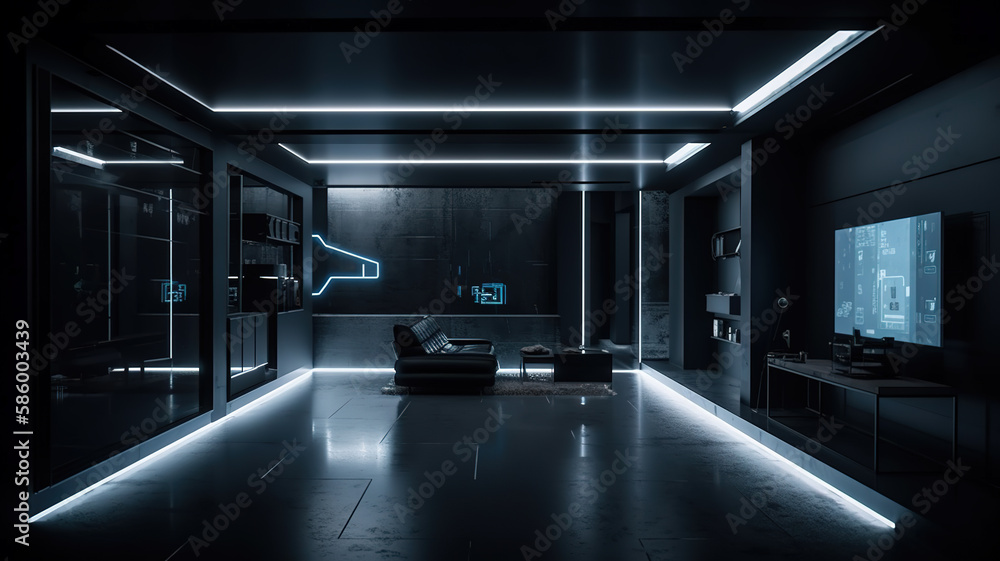 AI Generative futuristic dim with LED line lighting design technology office space AI Generative futuristic dim with LED line lighting design technology office space