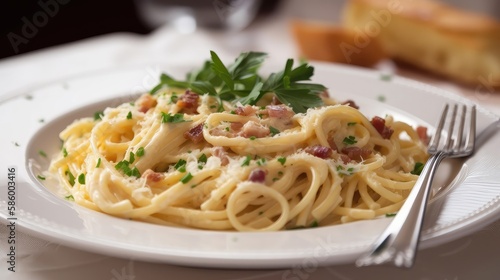 A delicious plate of spaghetti carbonara with a creamy sauce