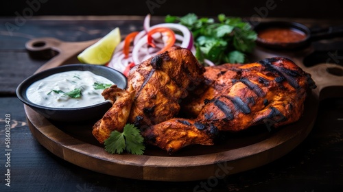 A plate of Tandoori chicken marinated with yogurt sauce