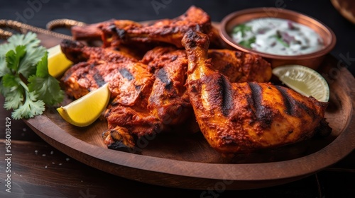 A plate of Tandoori chicken marinated with yogurt sauce