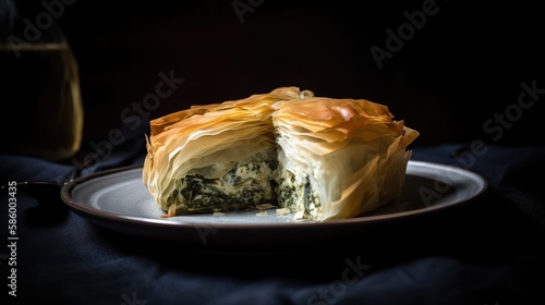 A stunning photo of a traditional Greek spanakopita