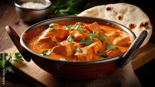 A steaming bowl of butter chicken a creamy tomato sauce