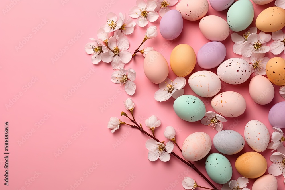 Illustration of eggs and flowers arranged on a pastel pink backdrop created with Generative AI technology Illustration of eggs and flowers arranged on a pastel pink backdrop created with Generative AI technology