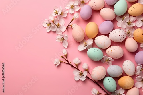 Illustration of eggs and flowers arranged on a pastel pink backdrop created with Generative AI technology