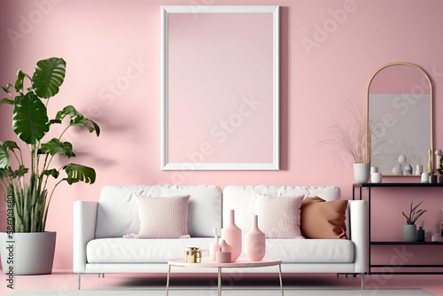 A cozy domestic room with pink walls  stylish furniture and a potted plant. Generative ai illustration