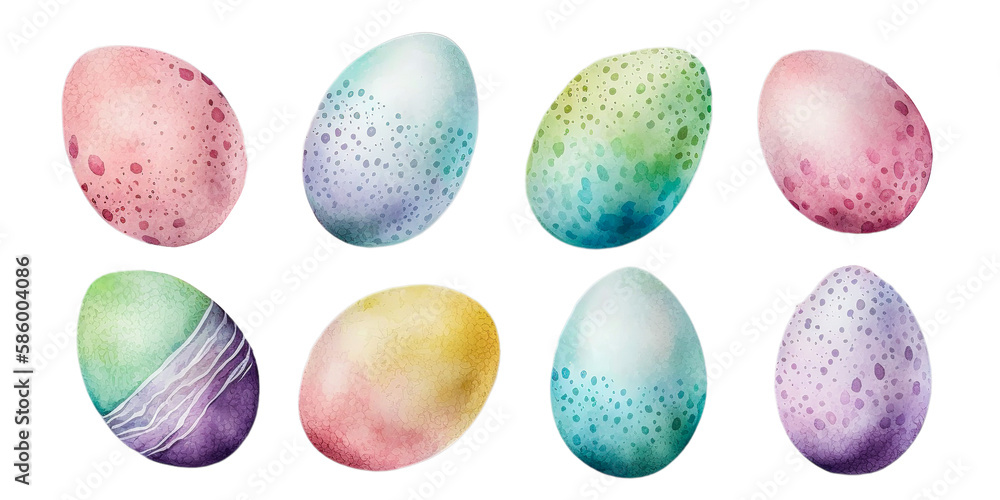Watercolor set of easter eggs isolated on white. Generative Ai