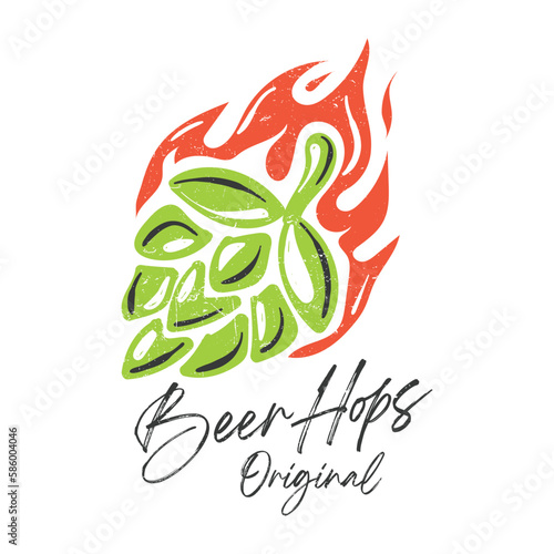 Vector of a hand drawn hop cone and fire label isolated on a white background