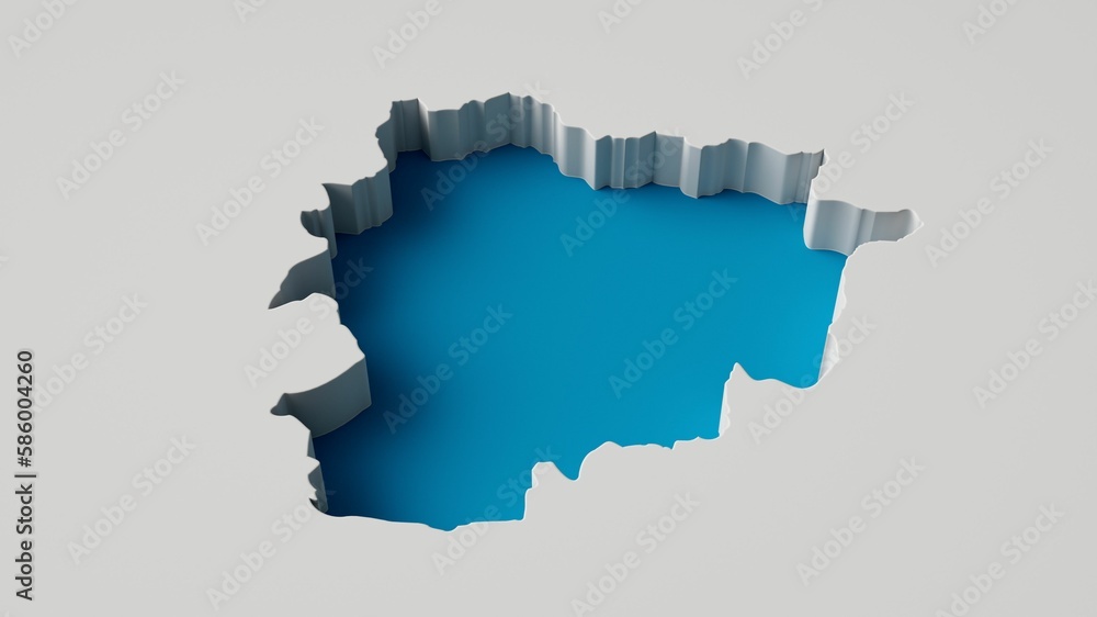 3D digital render of the blue Andorra map outline carved on a white surface
