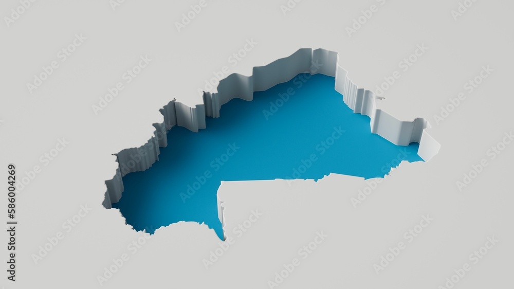 3D digital render of the blue Burkina Faso map outline carved on a white surface