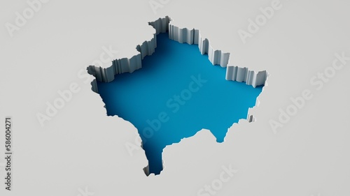3D digital render of the blue Republic of Kosovo Map map outline carved on a white surface