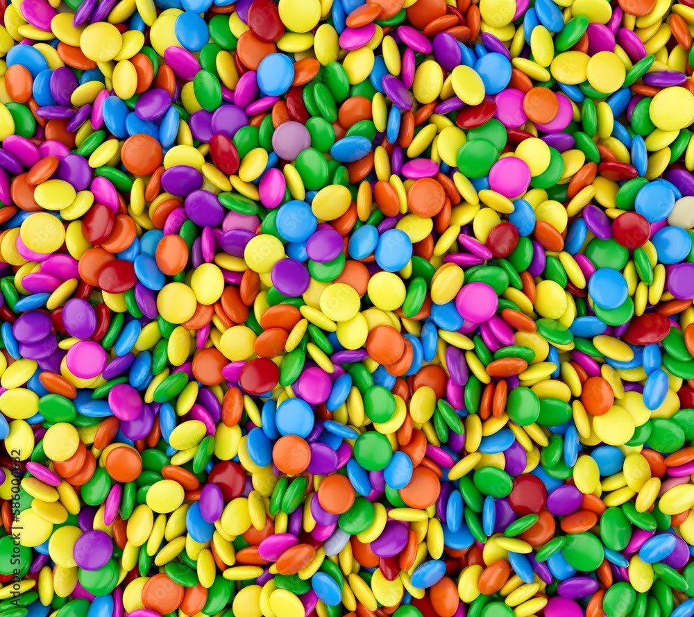 3D rendering of a heap of delicious, vibrant round candies in all colors 3D rendering of a heap of delicious, vibrant round candies in all colors