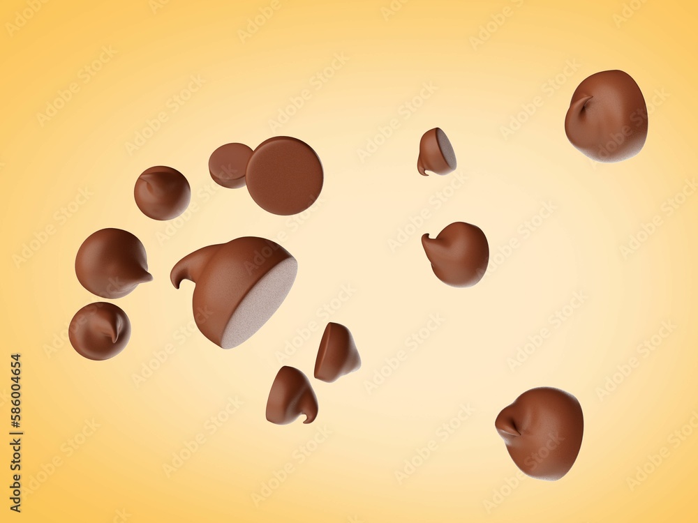 Fototapeta premium 3D render of brown chocolate chips on a yellow background