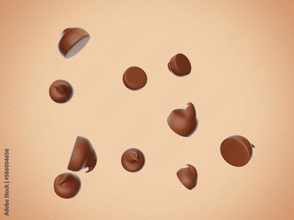 Fototapeta premium 3D render of floating chocolate chips or morsel drops isolated on a pastel brown background