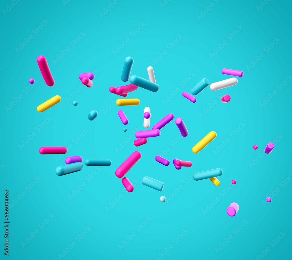 3D rendering of floating colorful cake sprinkles isolated on a bright cyan background