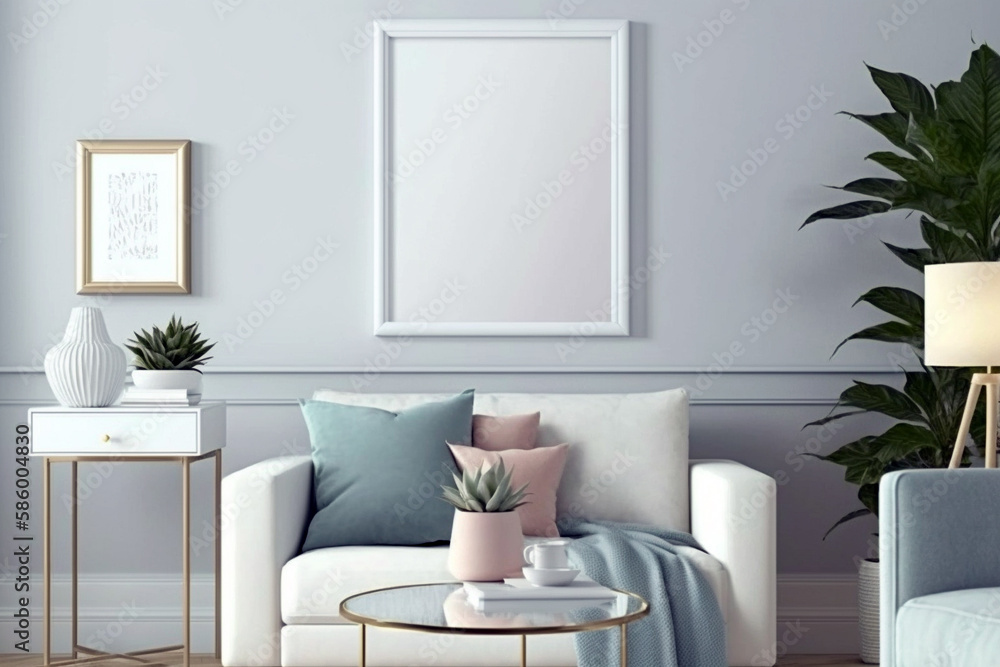 A cozy domestic room with white walls, empty picture frame, stylish furniture and potted plant. Generative ai illustration A cozy domestic room with white walls, empty picture frame, stylish furniture and potted plant. Generative ai illustration